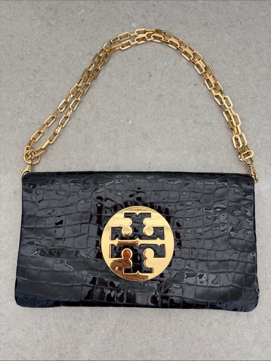 Tory Burch Handbags - Tory Burch Navy Patent Croc-Embossed Clutch with Gold Logo